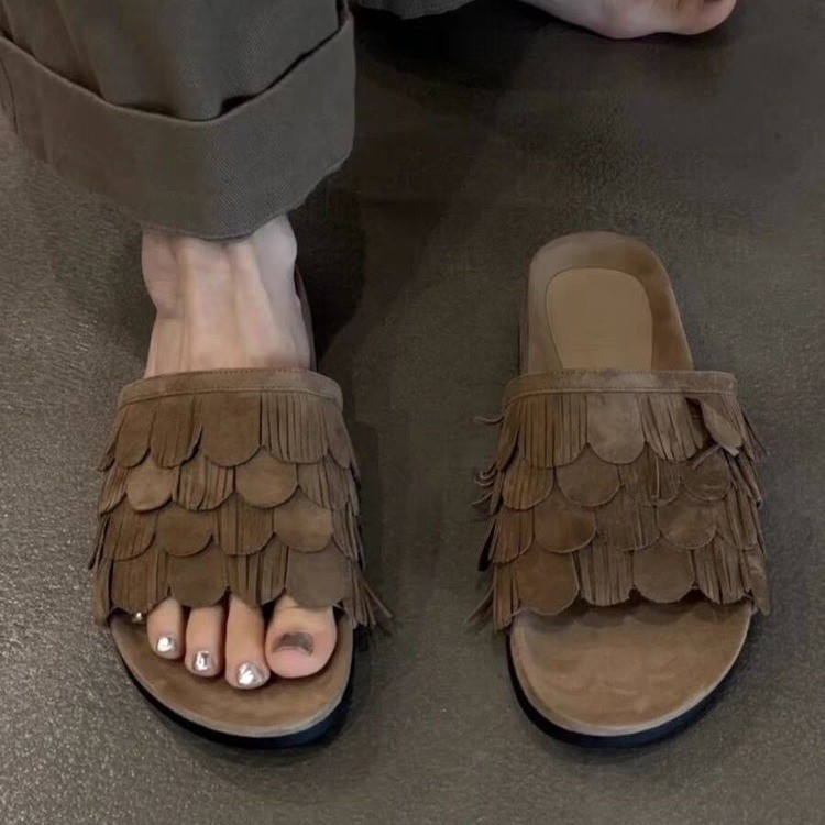 Versiune din piele moale ~ Pantofi de plajă în stil retro, cu ciucuri, cu vârf rotund și vârf deschis, papuci de plajă