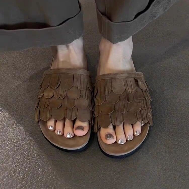 Versiune din piele moale ~ Pantofi de plajă în stil retro, cu ciucuri, cu vârf rotund și vârf deschis, papuci de plajă