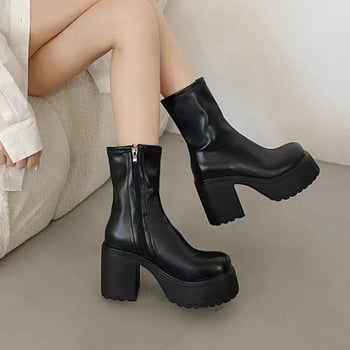 Cizme cu fund gros, cu pandantiv nituri, cizme scurte cu fund gros pentru femei, cizme de motocicletă punk întunecate europene și americane, vârful rotund, cizme scurte cool pentru colegiu