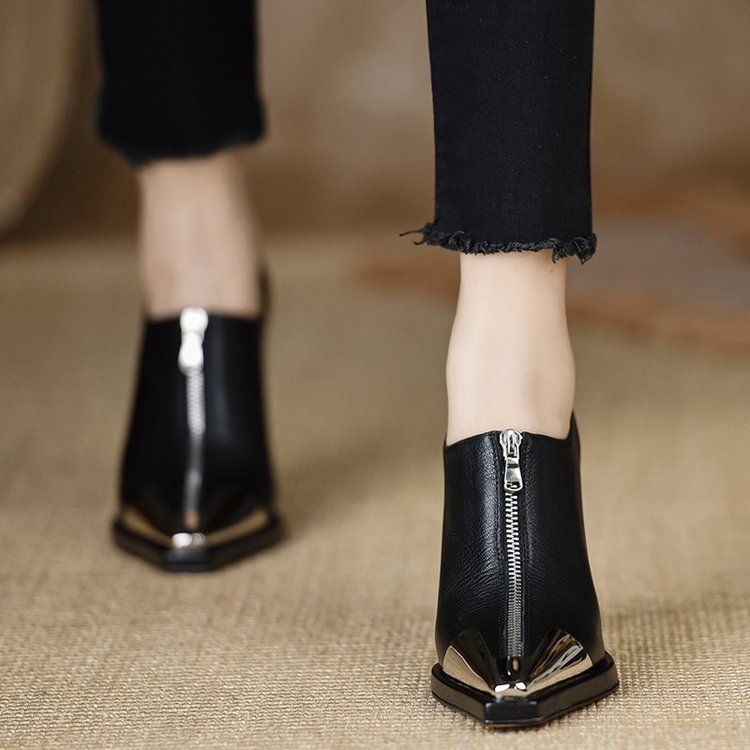 Moteriški metaliniai smailios nosies aukštakulniai, priekiniai užtrauktukai, maži odiniai bateliai, 2025 m. rudens nauji elegantiški universalūs profesionalūs plokščiapadžiai bateliai storais kulnais