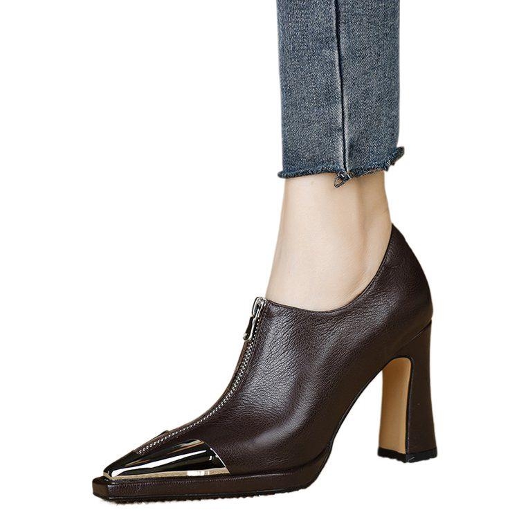 Moteriški metaliniai smailios nosies aukštakulniai, priekiniai užtrauktukai, maži odiniai bateliai, 2025 m. rudens nauji elegantiški universalūs profesionalūs plokščiapadžiai bateliai storais kulnais