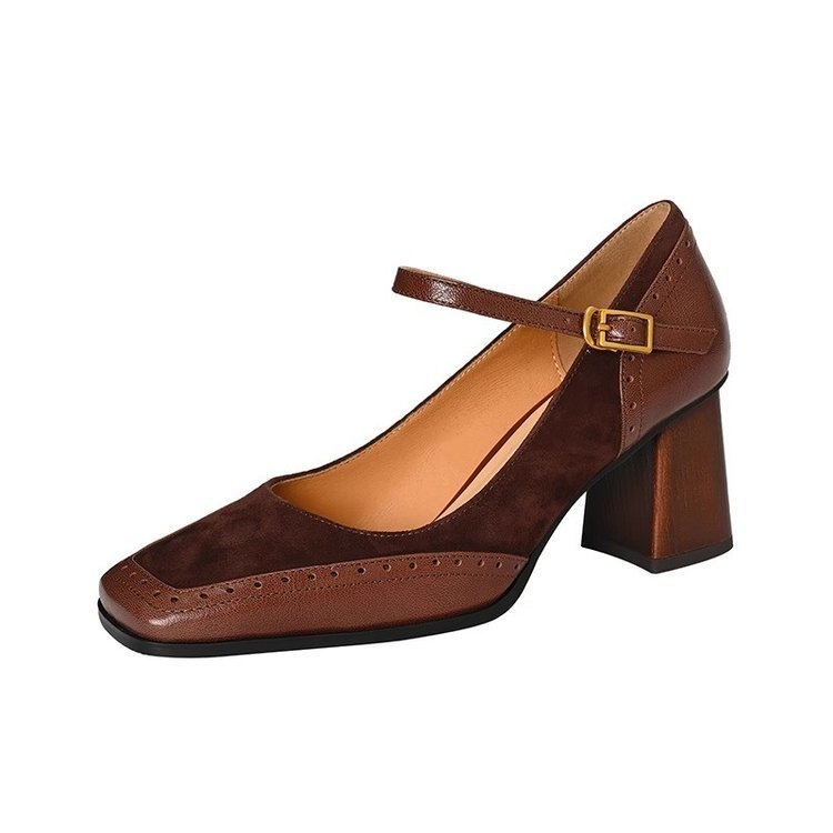 Pantofi de damă retro Mary Jane, stil nou de primăvară 2025, cu toc gros, cataramă și curea, vârful pătrat francez