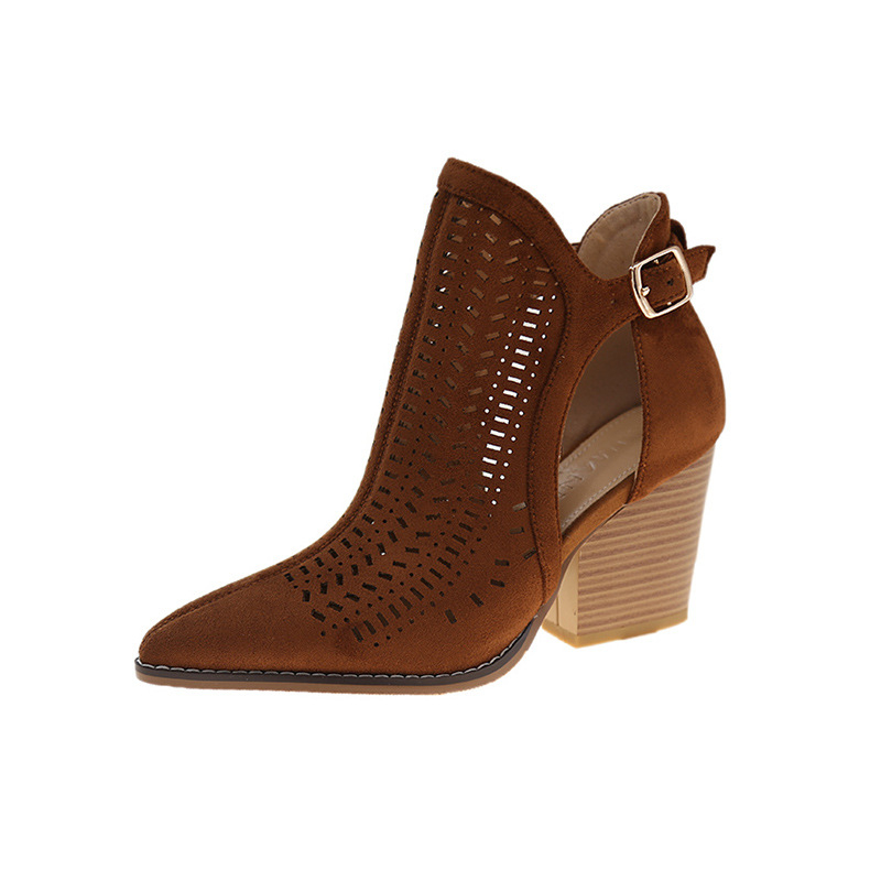 Retro izrezane prozračne rimske sandale za žene 2025. ljeto, nove europske i američke sandale s špicastim vrhom, velike veličine, debela peta, visoke pete za žene