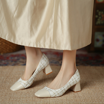3337-5 Stil francez Chanel cu cap pătrat, toc gros, tocuri înalte, pantofi simpli pentru femei, cu gura superficială, asortați cu culori, pantofi pentru femei