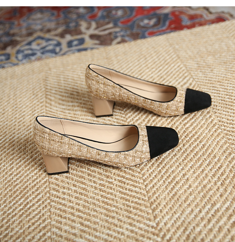 3337-5 Stil francez Chanel cu cap pătrat, toc gros, tocuri înalte, pantofi simpli pentru femei, cu gura superficială, asortați cu culori, pantofi pentru femei