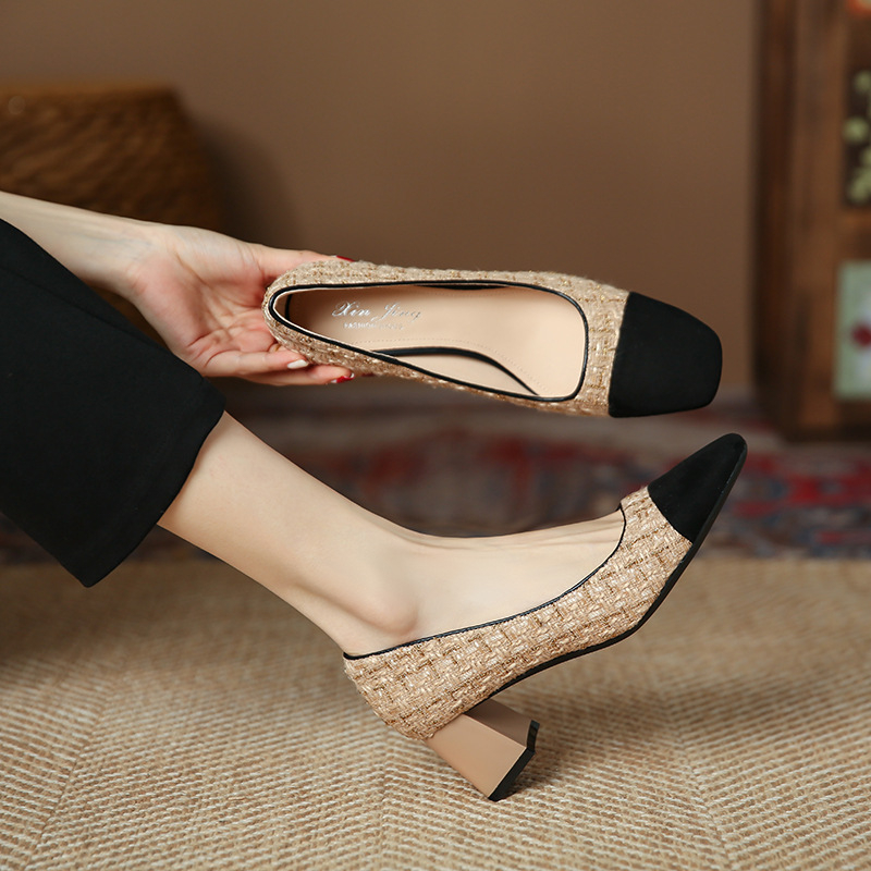 3337-5 Stil francez Chanel cu cap pătrat, toc gros, tocuri înalte, pantofi simpli pentru femei, cu gura superficială, asortați cu culori, pantofi pentru femei