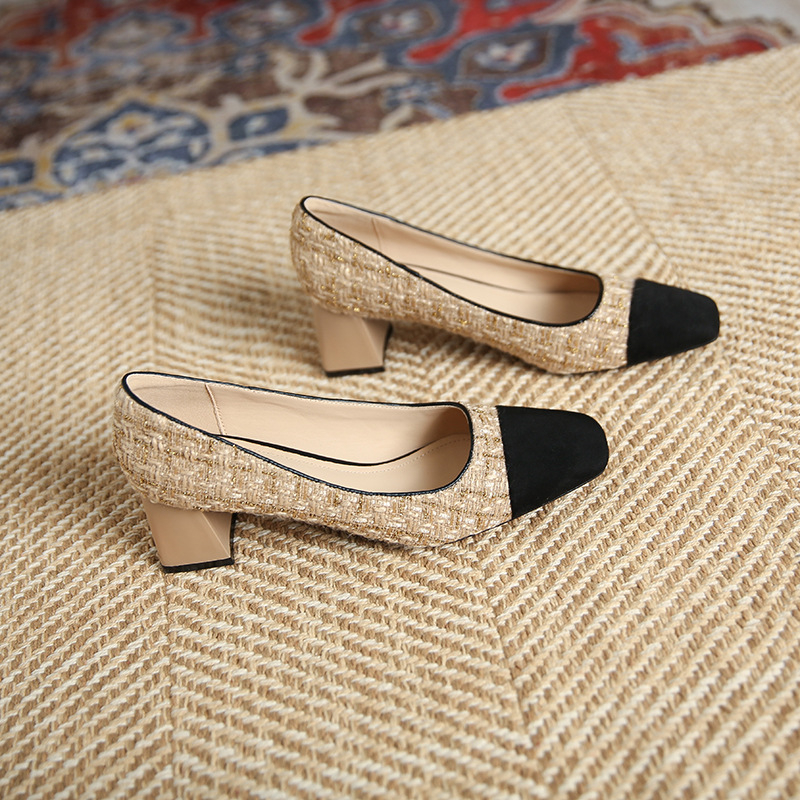 3337-5 Stil francez Chanel cu cap pătrat, toc gros, tocuri înalte, pantofi simpli pentru femei, cu gura superficială, asortați cu culori, pantofi pentru femei