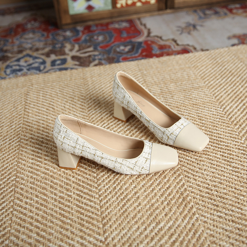 3337-5 Stil francez Chanel cu cap pătrat, toc gros, tocuri înalte, pantofi simpli pentru femei, cu gura superficială, asortați cu culori, pantofi pentru femei