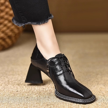 Γαλλικά ρετρό παπούτσια με βαθύ στόμα, γυναικεία ψηλοτάκουνα παπούτσια με τετράγωνη μύτη και χοντρό τακούνι, δετά, ανοιξιάτικα και φθινοπωρινά, νέα, μικρά δερμάτινα παπούτσια βρετανικού στιλ, μοντέρνα