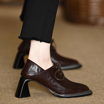 Γαλλικά ρετρό παπούτσια με βαθύ στόμα, γυναικεία ψηλοτάκουνα παπούτσια με τετράγωνη μύτη και χοντρό τακούνι, δετά, ανοιξιάτικα και φθινοπωρινά, νέα, μικρά δερμάτινα παπούτσια βρετανικού στιλ, μοντέρνα