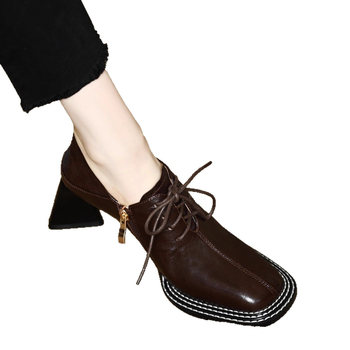 Γαλλικά ρετρό παπούτσια με βαθύ στόμα, γυναικεία ψηλοτάκουνα παπούτσια με τετράγωνη μύτη και χοντρό τακούνι, δετά, ανοιξιάτικα και φθινοπωρινά, νέα, μικρά δερμάτινα παπούτσια βρετανικού στιλ, μοντέρνα