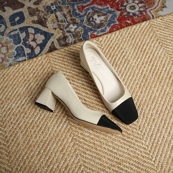 3337-2 Γυναικεία Παπούτσια με Τετράγωνη Μύτη και Χρώμα, με Μέσο Τακούνι, 2023, Νέα Γαλλικά Παπούτσια με Ρηχό Στόμα και Χοντρό Τακούνι, Απλά Γυναικεία Παπούτσια για Καθημερινές Εργασίες