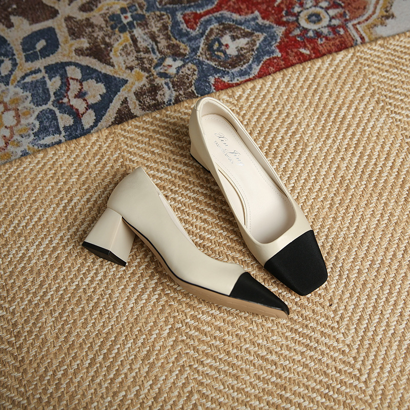 3337-2 Pantofi cu toc mediu și bloc de culoare cu vârf pătrat pentru femei 2023 Pantofi cu toc gros și gura franceză nouă Pantofi simpli pentru navetiști