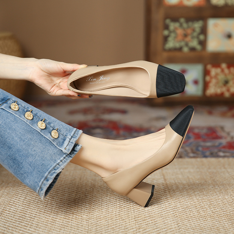 3337-2 Pantofi cu toc mediu și bloc de culoare cu vârf pătrat pentru femei 2023 Pantofi cu toc gros și gura franceză nouă Pantofi simpli pentru navetiști