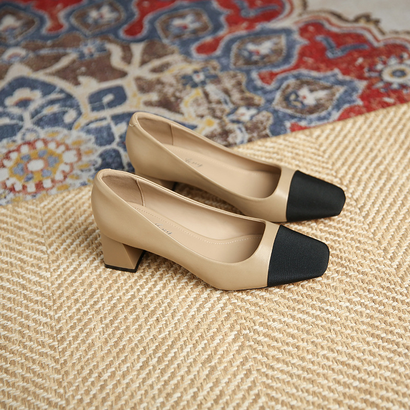 3337-2 Pantofi cu toc mediu și bloc de culoare cu vârf pătrat pentru femei 2023 Pantofi cu toc gros și gura franceză nouă Pantofi simpli pentru navetiști