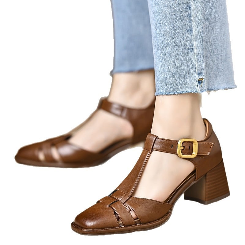 Sandale romane pentru femei, stil nou de vară, pantofi de damă cu toc gros, piele moale țesută cu vârf gol, tocuri înalte versatile