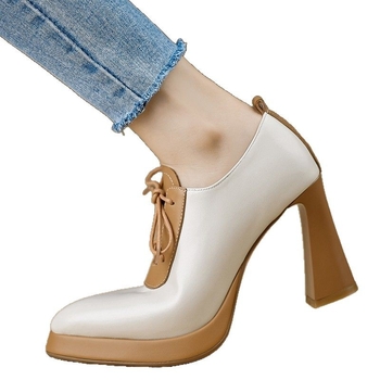 Μοντέρνα παπούτσια μονής στρώσης από δέρμα pu με βαθύ στόμα, μυτερά ψηλοτάκουνα γυναικεία, σε ασορτί χρώμα 2025, με κορδόνια, αδιάβροχη πλατφόρμα, χοντρό τακούνι, χοντρό κάτω μέρος, καινούργια