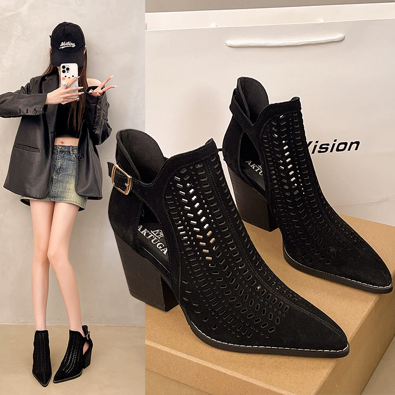 Ženske debele pete, riblja usta, šuplja leđa, šuplja modna vanjska banketna kuka za kopčanje s gumbima i patentnim zatvaračem, modne sandale s debelom petom i visokom petom