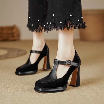Γυναικεία Ψηλοτάκουνα Παπούτσια 2025 Άνοιξη και Φθινόπωρο Νέα Ρετρό Παπούτσια Mary Jane με Κουμπί T και Τετράγωνο Κεφαλάρι, Αδιάβροχα Παπούτσια με Πλατφόρμα και Χοντρό Τακούνι, Μονής Επίστρωσης για Γυναίκες