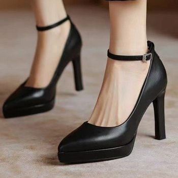 Pantofi de damă uniformă 2025 Primăvară/Vară Stil nou Tocuri înalte și superficiale cu curea cu cataramă, Pantofi de lucru clasici stiletto în stil coreean la modă