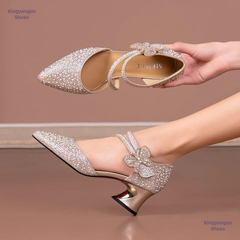 Γυναικεία καλοκαιρινά σανδάλια με στρας, μεγάλα μεγέθη, μυτερά δάχτυλα, χαμηλοτάκουνα παπούτσια, μοντέρνα με μονόχρωμα Cheongsam Hollow Single Shoes