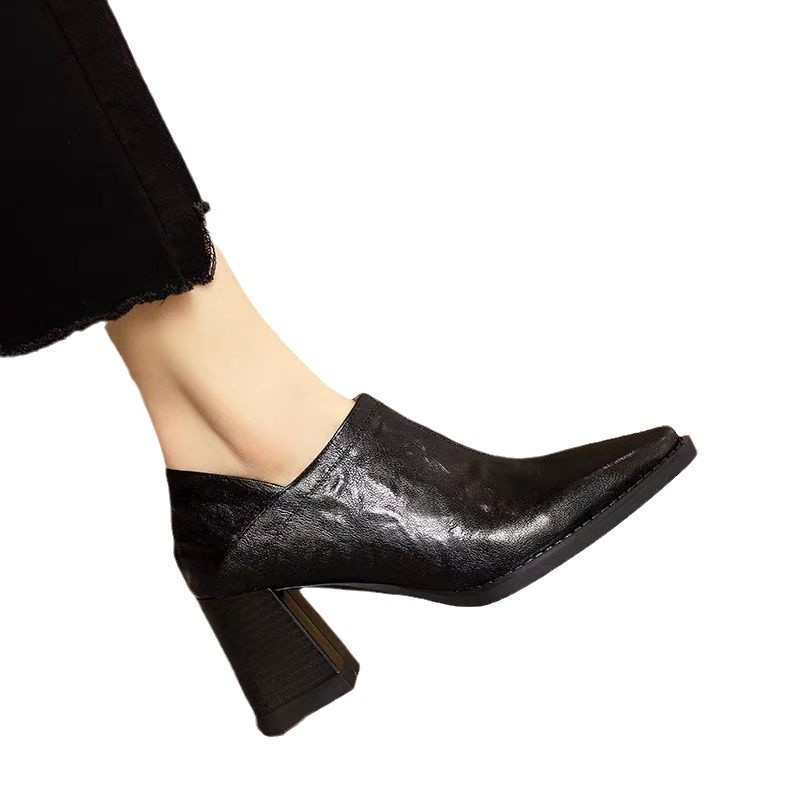 Prantsuse retro pehmest nahast kandilise ninaga kõrged kontsad naistele 2024. aasta kevad- ja sügiskingad, uued pruunid paksu kontsaga, sügava suuga küljel lukuga kingad