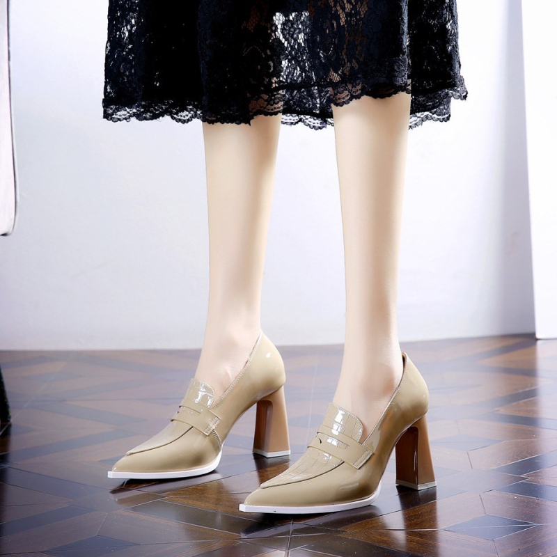 Tocuri înalte pentru femei 2024 primăvara și toamna nouă vârful ascuțit toc gros adânc vamp pantofi unici stil francez pantofi profesionali din piele lăcuită