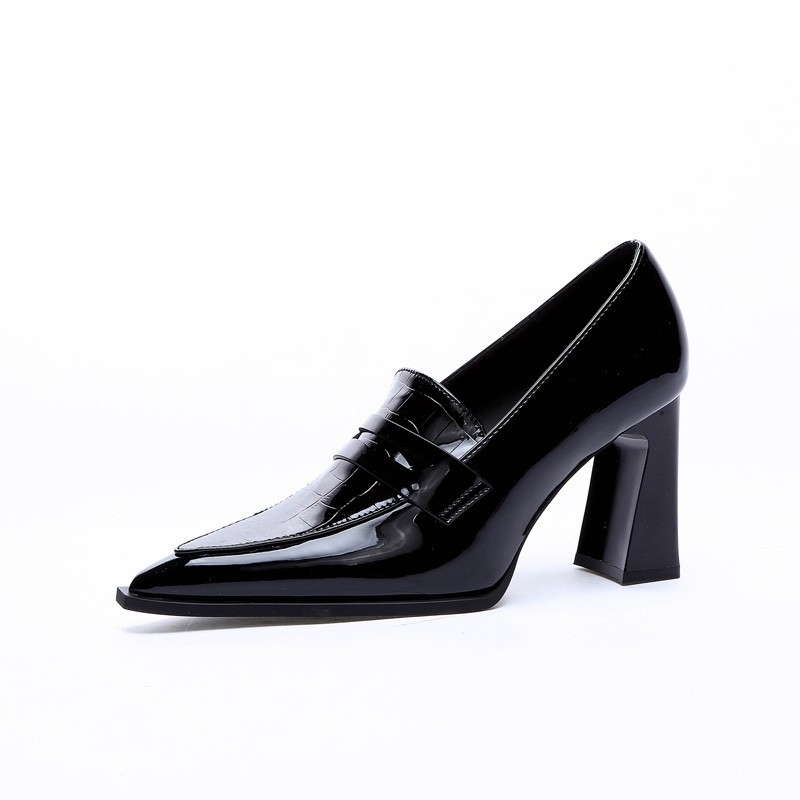 Tocuri înalte pentru femei 2024 primăvara și toamna nouă vârful ascuțit toc gros adânc vamp pantofi unici stil francez pantofi profesionali din piele lăcuită
