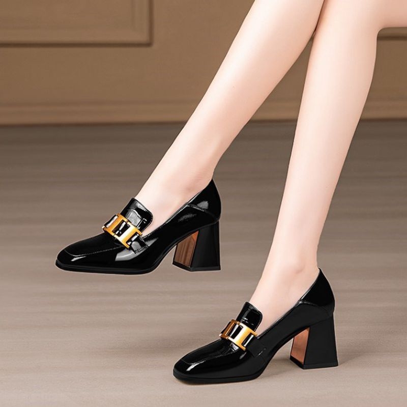 Γυναικεία παπούτσια με χοντρό τακούνι, Άνοιξη και Φθινόπωρο 2025, Νέα γυναικεία παπούτσια, μοκασίνια, δερμάτινα παπούτσια, γαλλική τετράγωνη μύτη, ψηλοτάκουνα από βρετανικό λουστρίνι