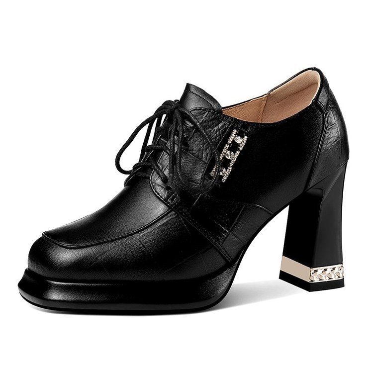 Γυναικεία παπούτσια με τετράγωνο κεφάλι και χοντρό τακούνι, βαθύ στόμα, μονόχρωμα, 2025, νέα, αδιάβροχα, δερμάτινα παπούτσια με κορδόνια, χωρίς κουραστικά πόδια