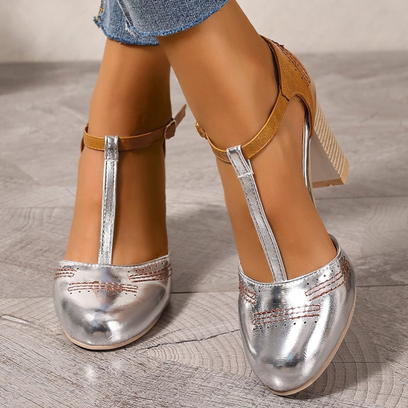 Sandale cu toc înalt Wish Independent Station 2025, primăvara și vara, noi europene și americane, cu vârf rotund, de culoare asortată, în formă de T, cu toc gros, mărime mare, pantofi pentru femei