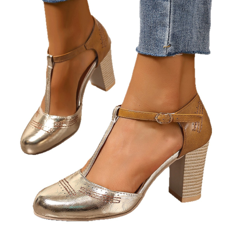 Sandale cu toc înalt Wish Independent Station 2025, primăvara și vara, noi europene și americane, cu vârf rotund, de culoare asortată, în formă de T, cu toc gros, mărime mare, pantofi pentru femei