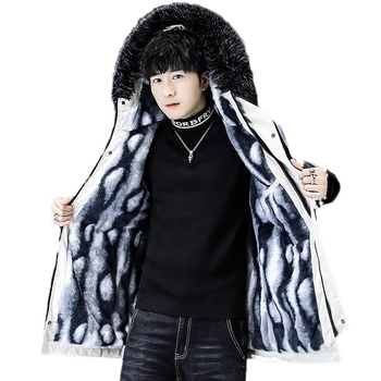 Εξωτερικό εμπόριο Ανδρικό χειμερινό παλτό μεσαίου μήκους, φλις επένδυση, με κουκούλα και βαμβακερή επένδυση, μοντέρνο νεανικό ζεστό ανδρικό μπουφάν με βαμβακερή επένδυση