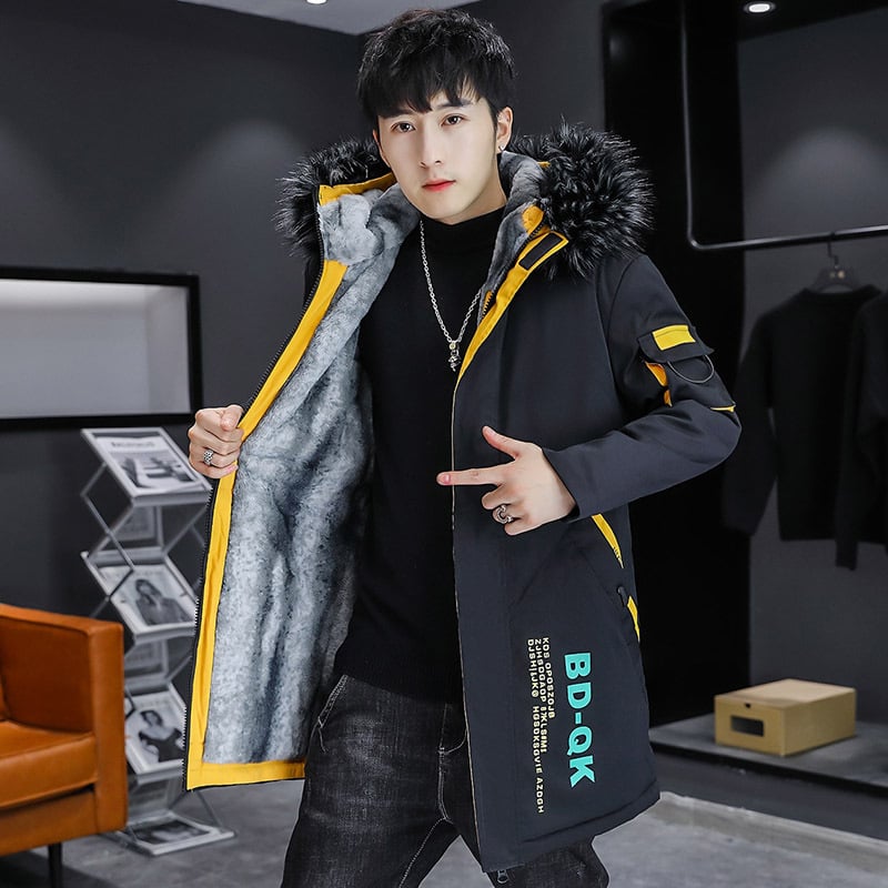 Jachetă de iarnă pentru bărbați, căptușită cu fleece, îngroșată, de lungime medie, cu glugă, căptușită cu bumbac, la modă pentru tineri, caldă, căptușită cu bumbac