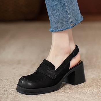 Sandale cu toc gros și vârf cubic gigant pentru femei, retro, cu talpă groasă, vârf rotund, cu velcro gol în spate, nou-venite, 2025