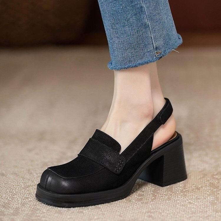 Sandale cu toc gros și vârf cubic gigant pentru femei, retro, cu talpă groasă, vârf rotund, cu velcro gol în spate, nou-venite, 2025