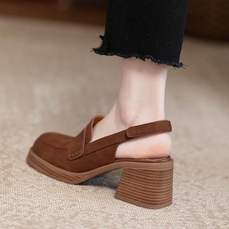 Sandale cu toc gros și vârf cubic gigant pentru femei, retro, cu talpă groasă, vârf rotund, cu velcro gol în spate, nou-venite, 2025