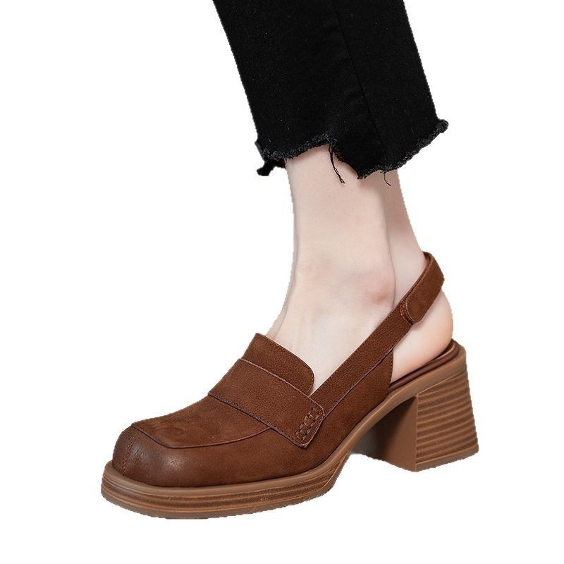 Sandale cu toc gros și vârf cubic gigant pentru femei, retro, cu talpă groasă, vârf rotund, cu velcro gol în spate, nou-venite, 2025