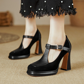 Παπούτσια με τακούνι 10 εκατοστών, ρετρό, τετράγωνη μύτη, παπούτσια Mary Jane με αγκράφα T, 2024, νέα γυναικεία παπούτσια για την άνοιξη, με χοντρό πάτο και χοντρό τακούνι, μονόστρωμα