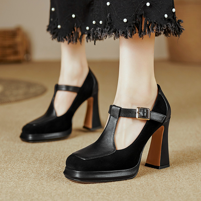 Cipele s visokom petom od 10 cm, retro četvrtasti vrh, Mary Jane cipele s T kopčom, proljetne nove ženske cipele iz 2024., debelo dno, debela peta, jednoslojne cipele