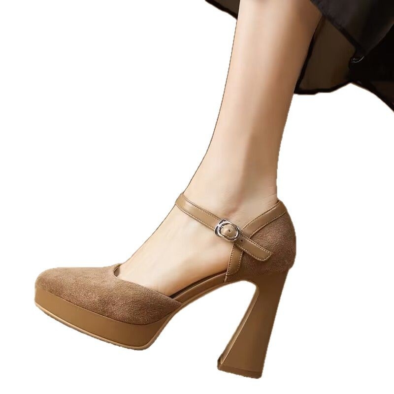 Elegantne visoke potpetice od matirane meke kože za žene iz proljeća 2025., vodootporne, platforme, debelog dna, špicaste, s plitkim otvorom