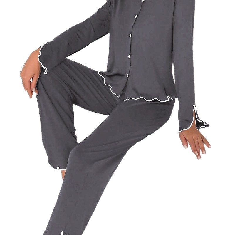 Transfrontaliere Tenu Xiyin, pijamale negre cu mânecă lungă și margine de salată verde, vânzare fierbinte, set de două piese pentru femei