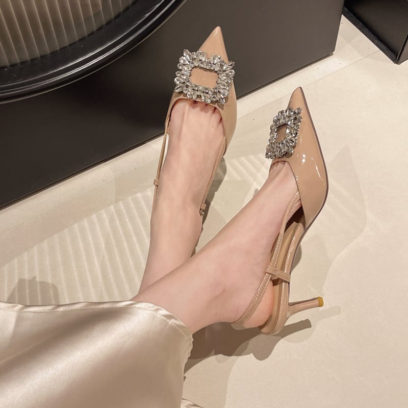 Sandale cu toc înalt, cu cataramă pătrată, în stil francez, cu strasuri, pentru femei, stil nou de vară 2025, inspirate de Chanel, stiletto, cu vârful închis și spatele deschis