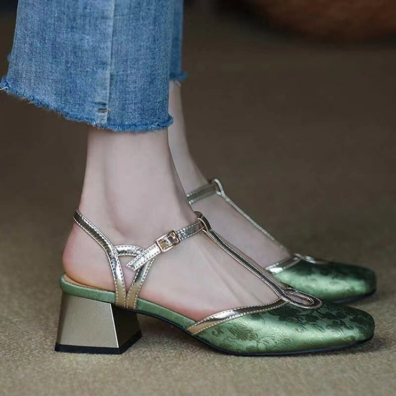 Nacionalni stil Francuski stil Društvene pripadnice Sandale Baotou Ženske visoke pete Ženske T-remenčići s odgovarajućom suknjom Ljetne cipele s debelom petom, jednoslojne cipele za žene