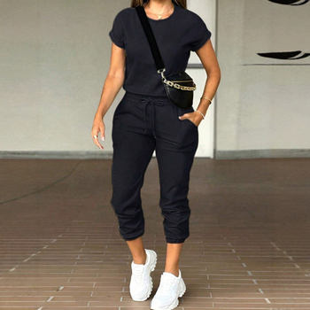 Amazon Cross-border Trade Fashion Casual Γυναικεία Ζεστή Προσφορά Μονόχρωμο Μπλούζα με Στρογγυλή Λαιμόκοψη και Παντελόνι με Πολλαπλές Τσέπες