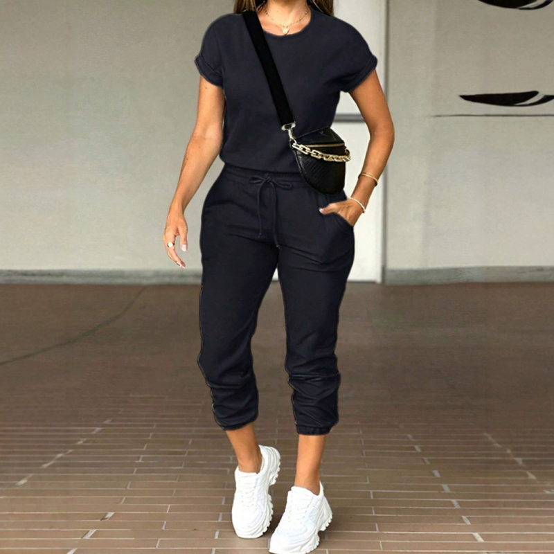 Costum de damă cu guler rotund și pantaloni cu mai multe buzunare, vânzare la modă, Amazon, comerț transfrontalier