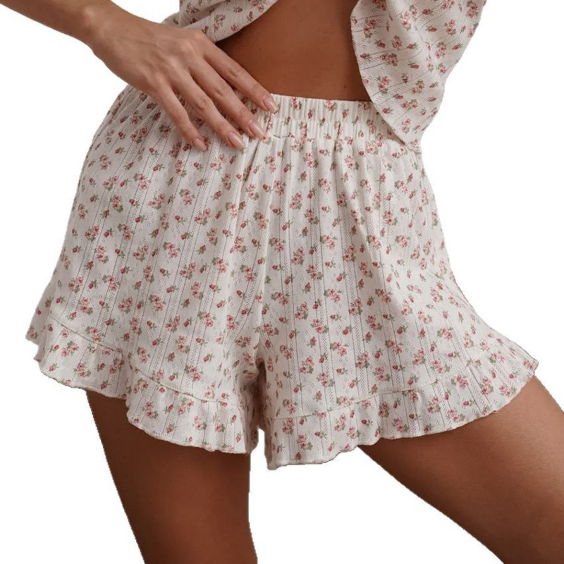 Pijamale cu mânecă scurtă, respirabile, imprimate, cu volane, transfrontaliere europene și americane, pentru femei, haine de casă din două piese, care pot fi purtate în aer liber