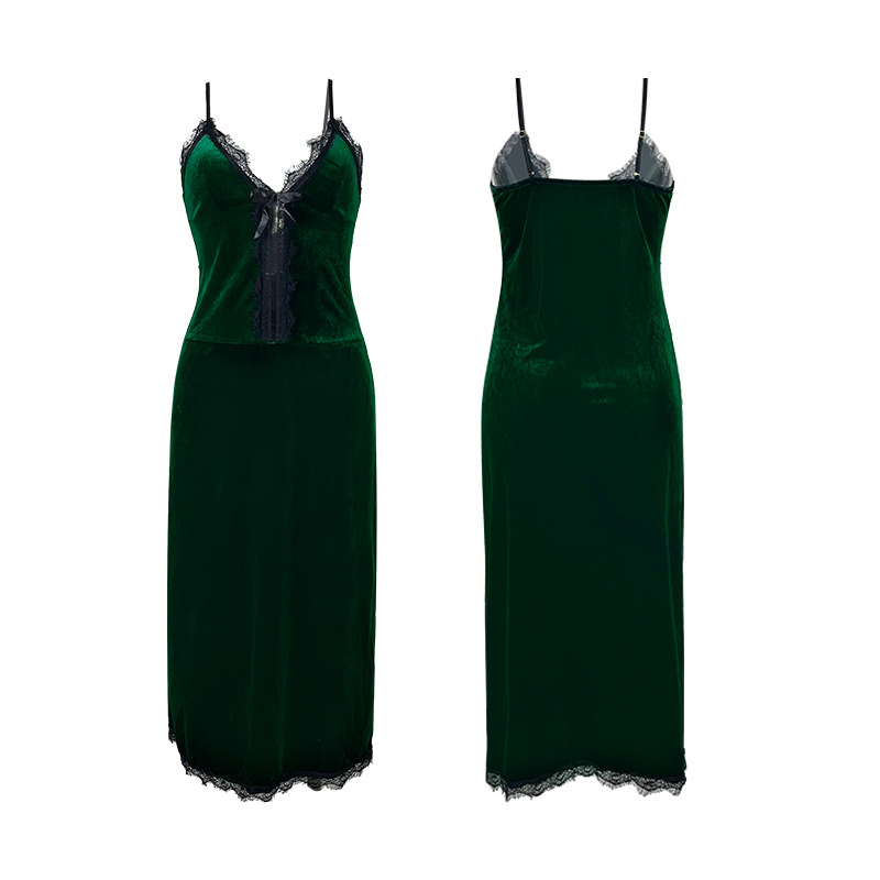 Naujas interneto populiarus stilius seksualus gilus V aksominis nėrinių pižama privatus namas diržas naktinukai ilgi namų drabužiai 141