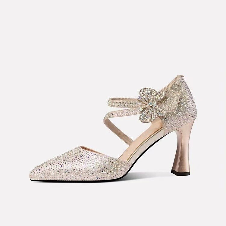 Languotos minkštos odos auksinės banketinės aukštakulniai, aukštos klasės auksinės basutės, moteriški stori kulniukai, 2025 m. naujo stiliaus moteriški batai su sijonais