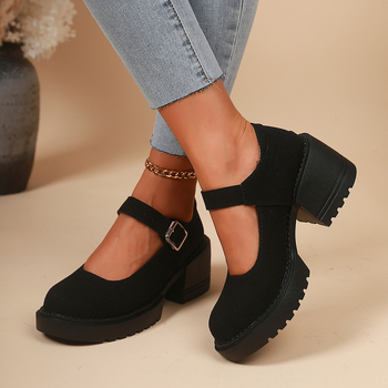 Mary Jane femei tocuri înalte 2025 primăvara nou stil european și american curea unică vârf rotund talpă groasă toc gros pantofi de mărime mare